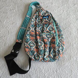 Kavu Rope Sling Bag Canvas Coral & Turquoise Ikat Print Adjustable Strap Pockets